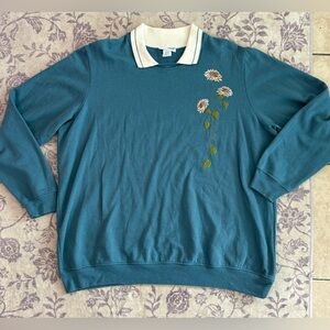 Vintage Cottagecore Grandma Teal Blair Collared Sweater with Floral Embroidery